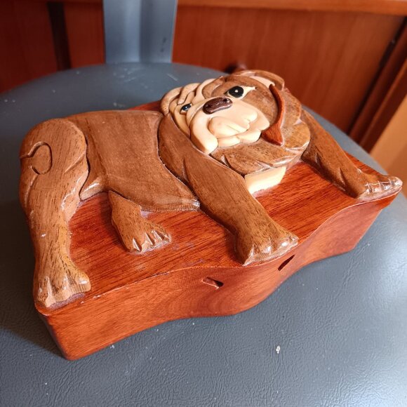 Hand-Carved Wooden Bulldog Puzzle Trinket Jewelry Box Hidden Compartment Hawaii - Picture 2 of 10